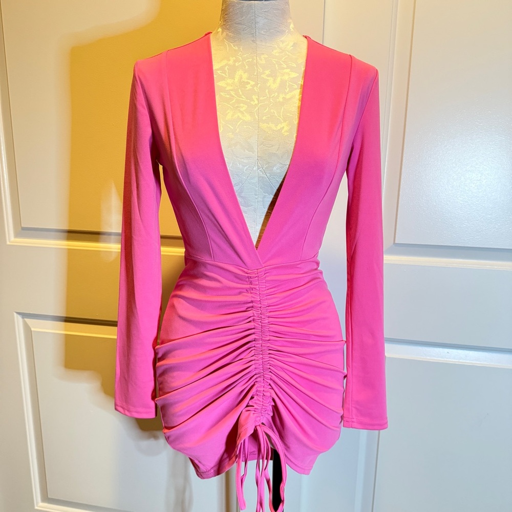 Bubblegum Pink Deep V-Neck Adjustable Ruche Dress | Size M